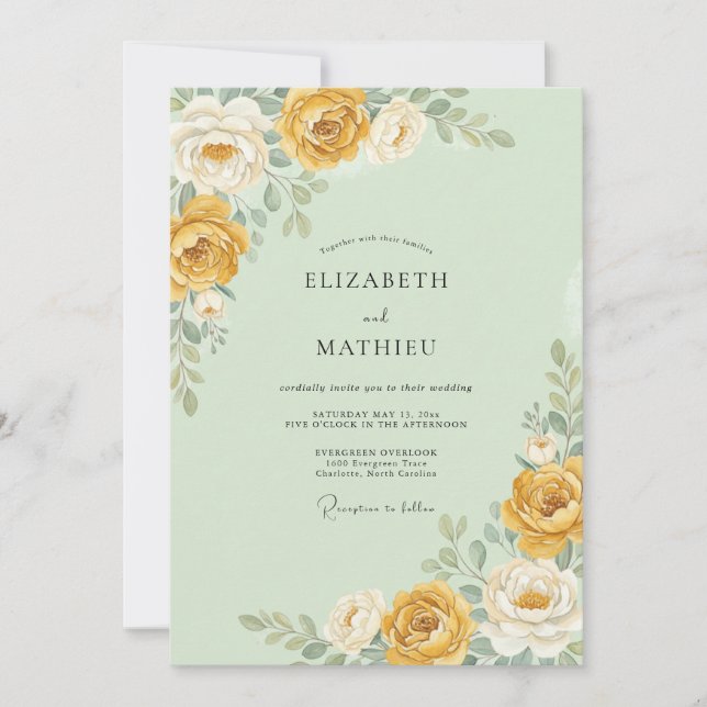 Mint Green Golden Bloom Wedding Invitation (Front)