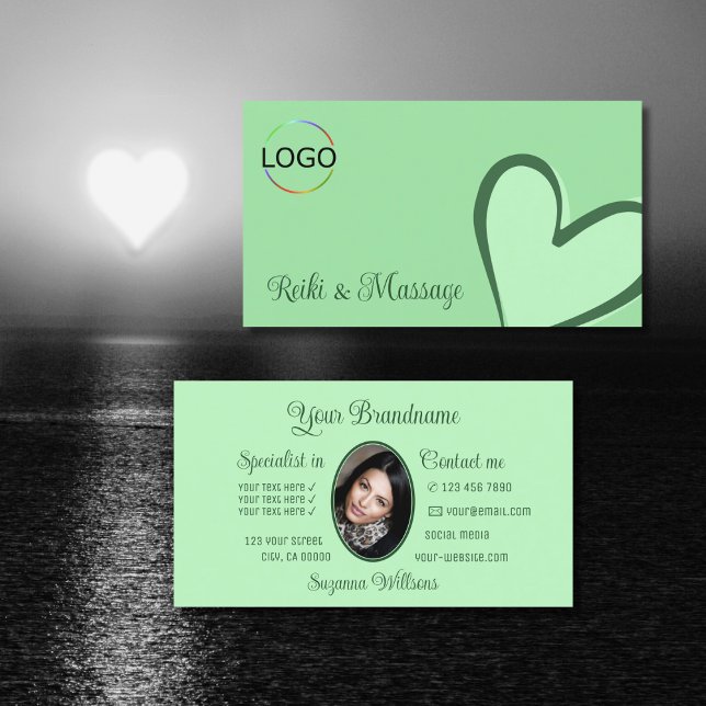 Mint Green Gorgeous Heart Cute with Logo and Photo Business Card (Creator Uploaded)