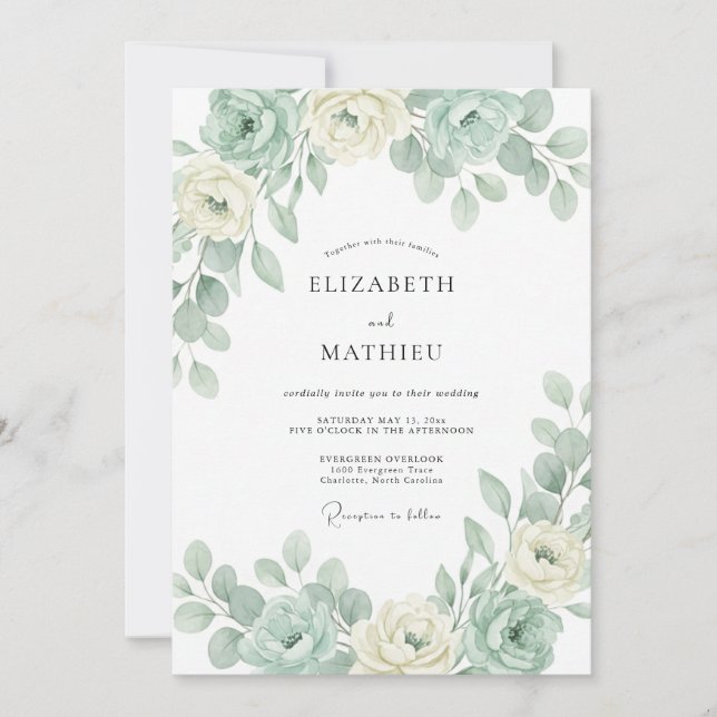 Mint Green Graceful Botanical Wedding Invitation (Front)
