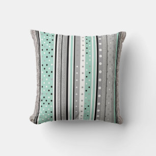 Mint Green Gray and White Striped Polka dot  Throw Pillow