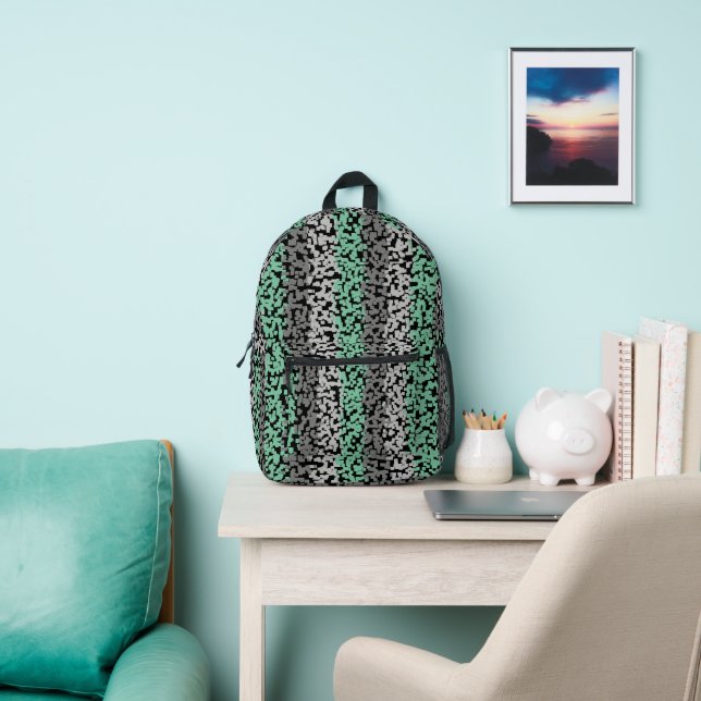 Mint green gray black digital pixelated stripes printed backpack (Insitu)