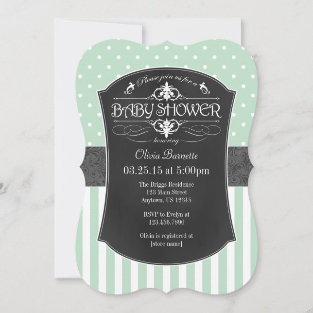 Mint Green Gray Chalkboard Stripes Baby Shower Invitation (Front)