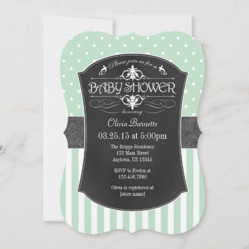 Mint Green Gray Chalkboard Stripes Baby Shower Invitation