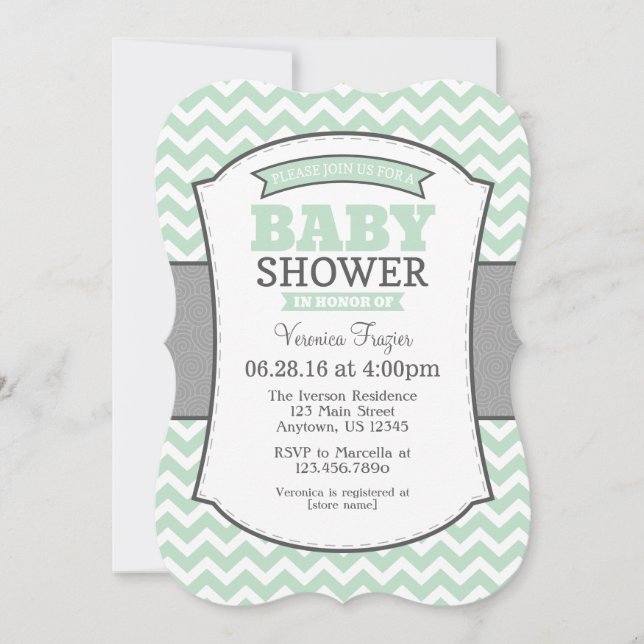 Mint Green Gray Chevron Baby Shower Invitation (Front)