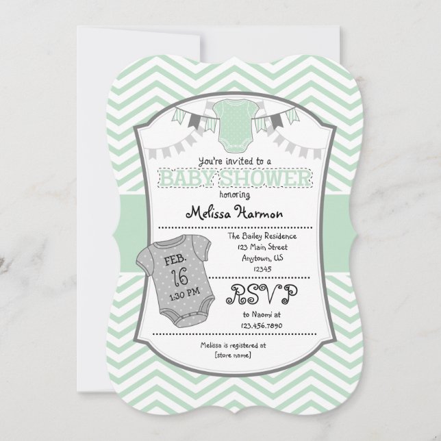 Mint Green Gray Chevron Baby Shower Invitation (Front)