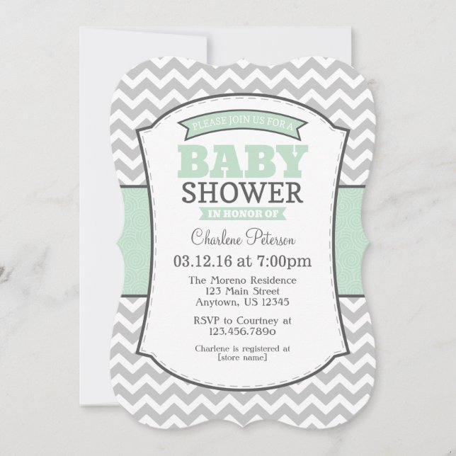 Mint Green Gray Chevron Baby Shower Invitation (Front)