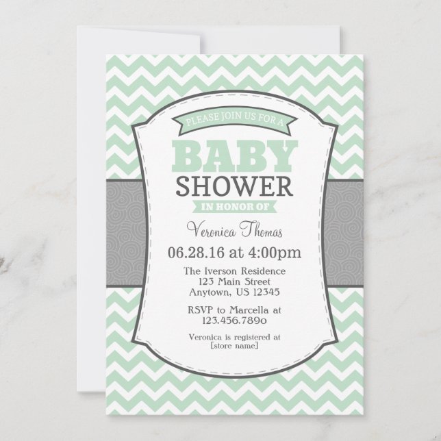 Mint Green Gray Chevron Baby Shower Invitation (Front)