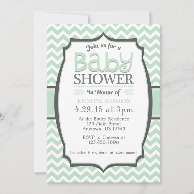 Mint Green Gray Chevron Baby Shower Invitation (Front)