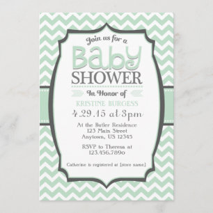 Mint Green Gray Chevron Baby Shower Invitation