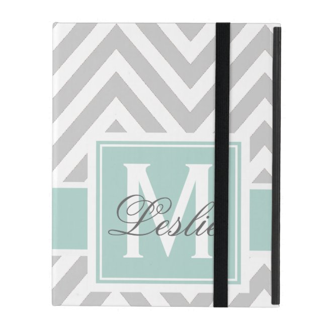 MINT GREEN, GRAY CHEVRON PATTERN PERSONALIZED iPad COVER (Front Closed)