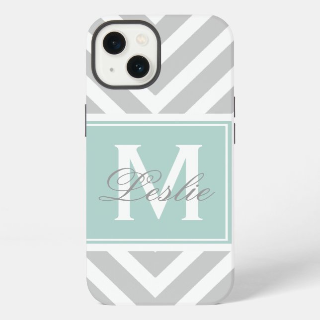 MINT GREEN, GRAY CHEVRON PATTERN PERSONALIZED IPHONE CASE (Back)