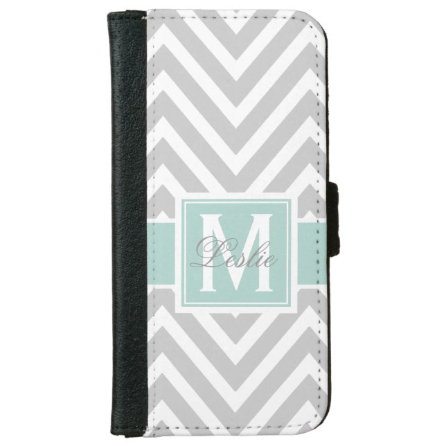 MINT GREEN, GRAY CHEVRON PATTERN PERSONALIZED iPhone WALLET CASE (Front)
