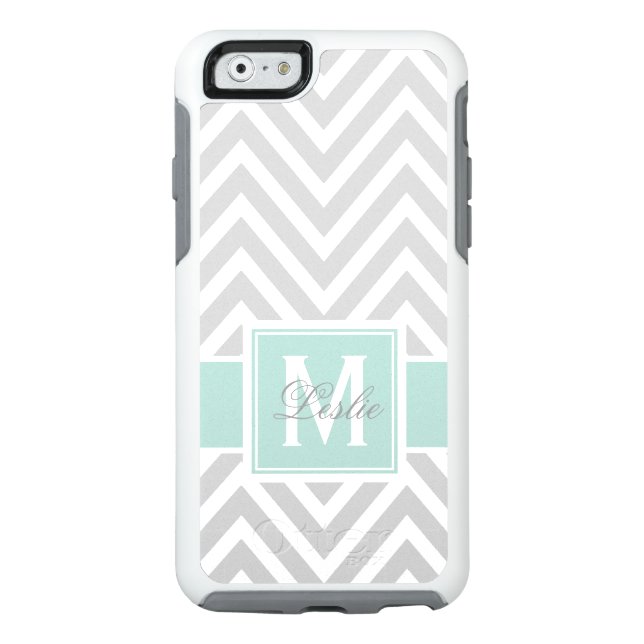 MINT GREEN, GRAY CHEVRON PATTERN PERSONALIZED OTTERBOX iPhone CASE (Back)