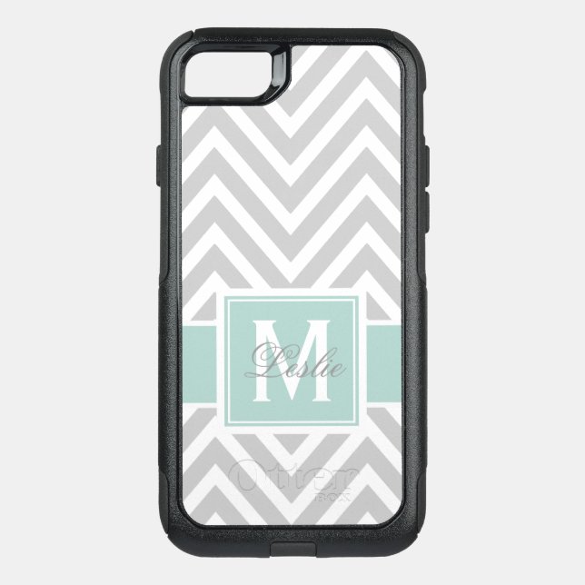 MINT GREEN, GRAY CHEVRON PATTERN PERSONALIZED OTTERBOX iPhone CASE (Back)