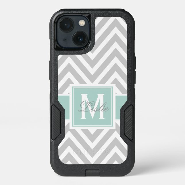 MINT GREEN, GRAY CHEVRON PATTERN PERSONALIZED OTTERBOX iPhone CASE (Back)