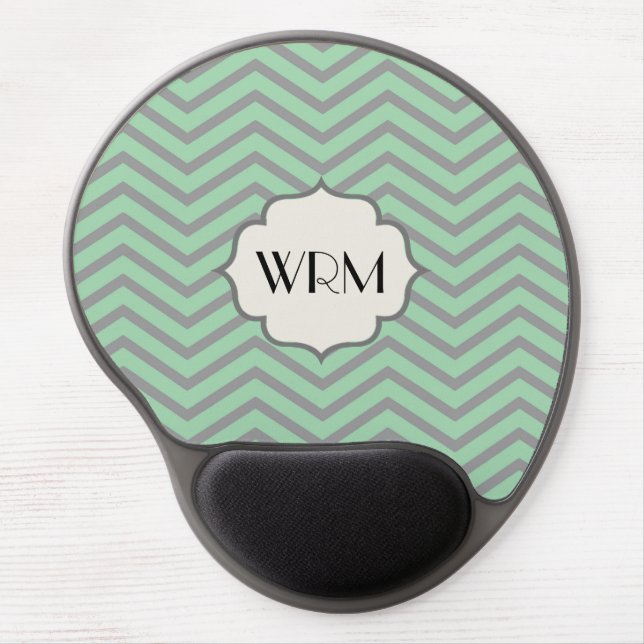 Mint Green Gray Chevron Patterned Monogrammed Gel Mouse Pad (Front)