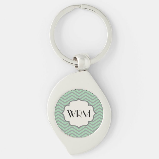 Mint Green Gray Chevron Patterned Monogrammed Keychain (Front)