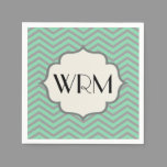 Mint Green Gray Chevron Patterned Monogrammed Paper Napkins