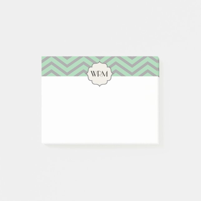 Mint Green Gray Chevron Patterned Monogrammed Post-it Notes (Front)