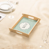 Mint Green Gray Chevron Patterned Monogrammed Serving Tray (Front)