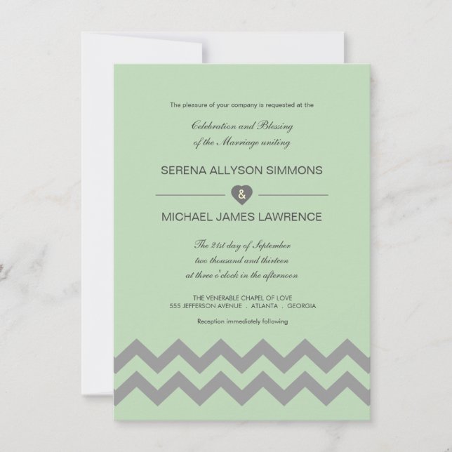 Mint Green & Gray Chevron Wedding Invitations (Front)