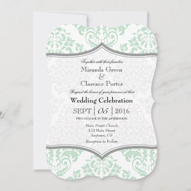 Mint Green Gray Damask Bracket Wedding Invite (Front)