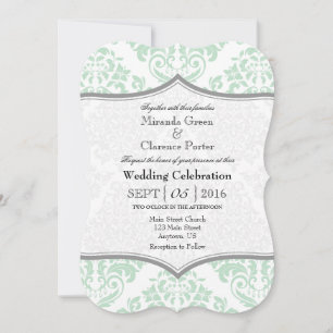 Mint Green Gray Damask Bracket Wedding Invite