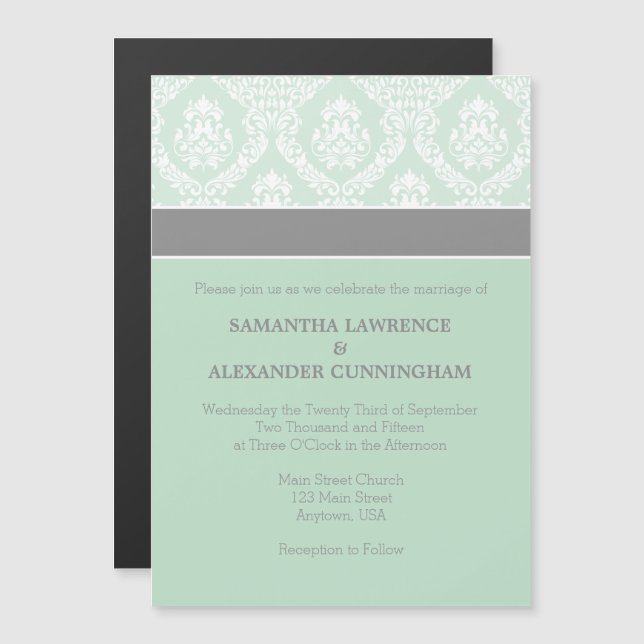 Mint Green Gray Damask Magnetic Wedding Invitation (Front/Back)