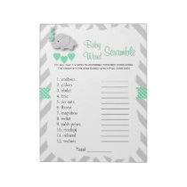 Mint Green & Gray Elephant Baby Shower Word Game Notepad