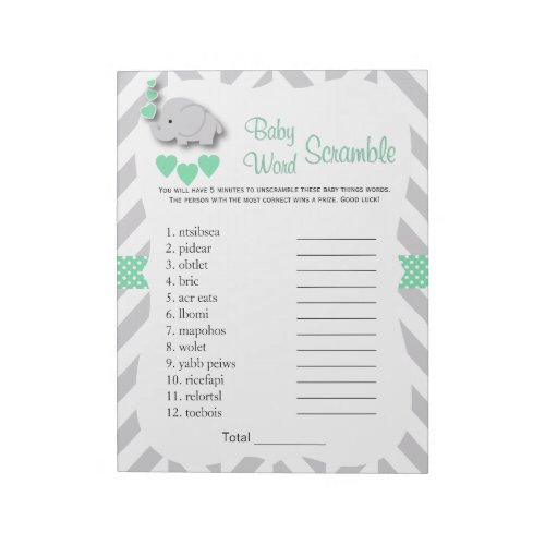 Mint Green  Gray Elephant Baby Shower Word Game Notepad