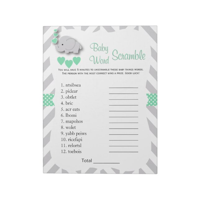Mint Green & Gray Elephant Baby Shower Word Game Notepad (Rotated)