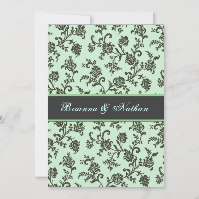 Mint Green & Gray Flower Damask Wedding Invitation (Front)