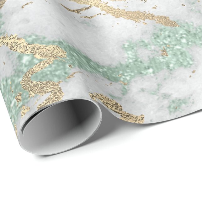 Mint Green Gray Foxier Gold Marble Shiny Metallic Wrapping Paper (Roll Corner)