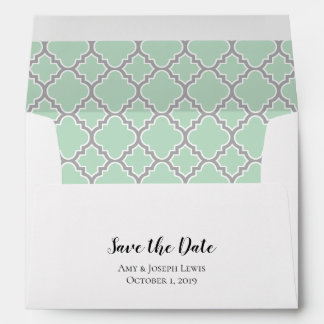Mint Green Gray Grey Quatrefoil Save The Date Envelope