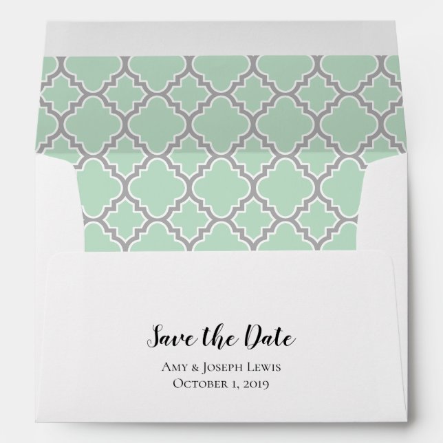 Mint Green Gray Grey Quatrefoil Save The Date Envelope (Back (Bottom))