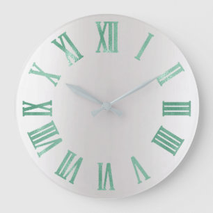 Mint Green Gray Metallic Silver Roman Numbers Large Clock