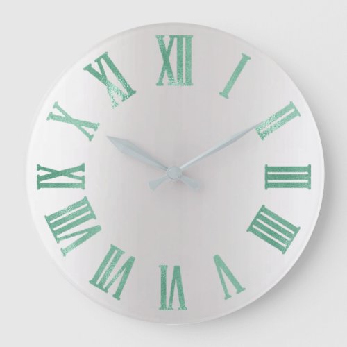 Mint Green Gray Metallic Silver Roman Numbers Large Clock