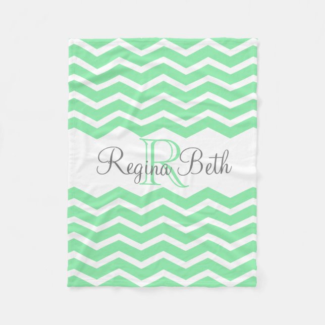 Mint Green Gray Monogram Name Keepsake Chevron Fleece Blanket (Front)