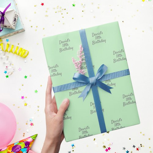 Mint green gray name script wrapping paper