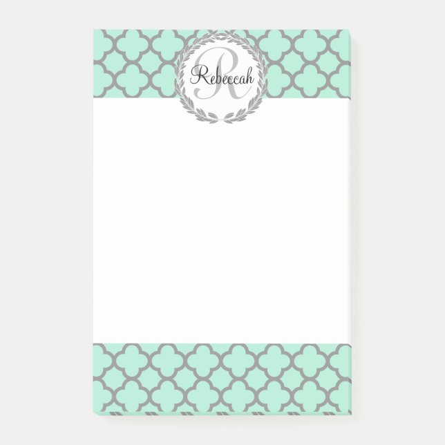 Mint Green Gray Personalized Name Monogram Post-it Notes (Front)