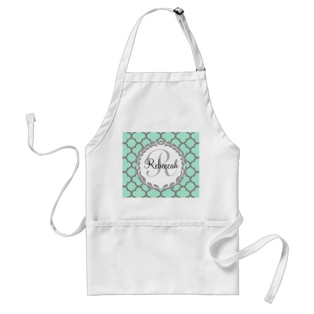 Mint Green Gray Quatrefoil Name Monogram Adult Apron (Front)