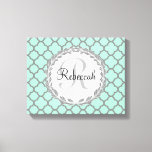 Mint Green Gray Quatrefoil Name Monogram Canvas Print