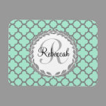 Mint Green Gray Quatrefoil Name Monogram Magnet