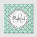 Mint Green Gray Quatrefoil Name Monogram Magnet