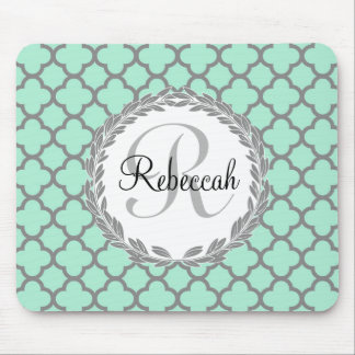 Mint Green Gray Quatrefoil Name Monogram Mouse Pad