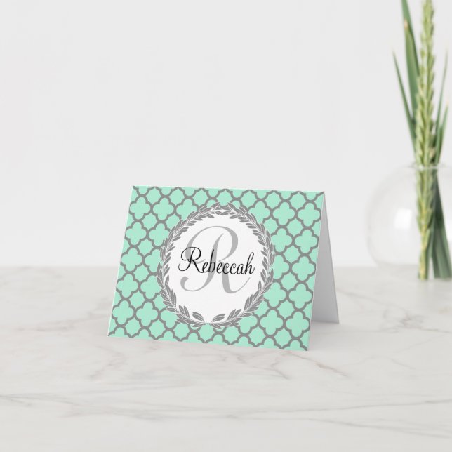 Mint Green Gray Quatrefoil Name Monogram Note Card (Front)