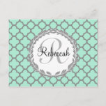 Mint Green Gray Quatrefoil Name Monogram Postcard