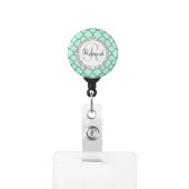 Mint Green Gray Quatrefoil Name Monogrammed Laurel Badge Holder (Badge Clip Front)