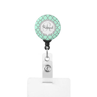Mint Green Gray Quatrefoil Name Monogrammed Laurel Badge Holder