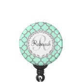 Mint Green Gray Quatrefoil Name Monogrammed Laurel Badge Holder (Clip Front)